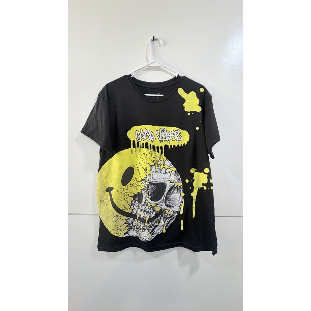 Fresh Laundry Good Vibes Melted Smiley Emoji Skull Graphic Tee Shirt L Rare